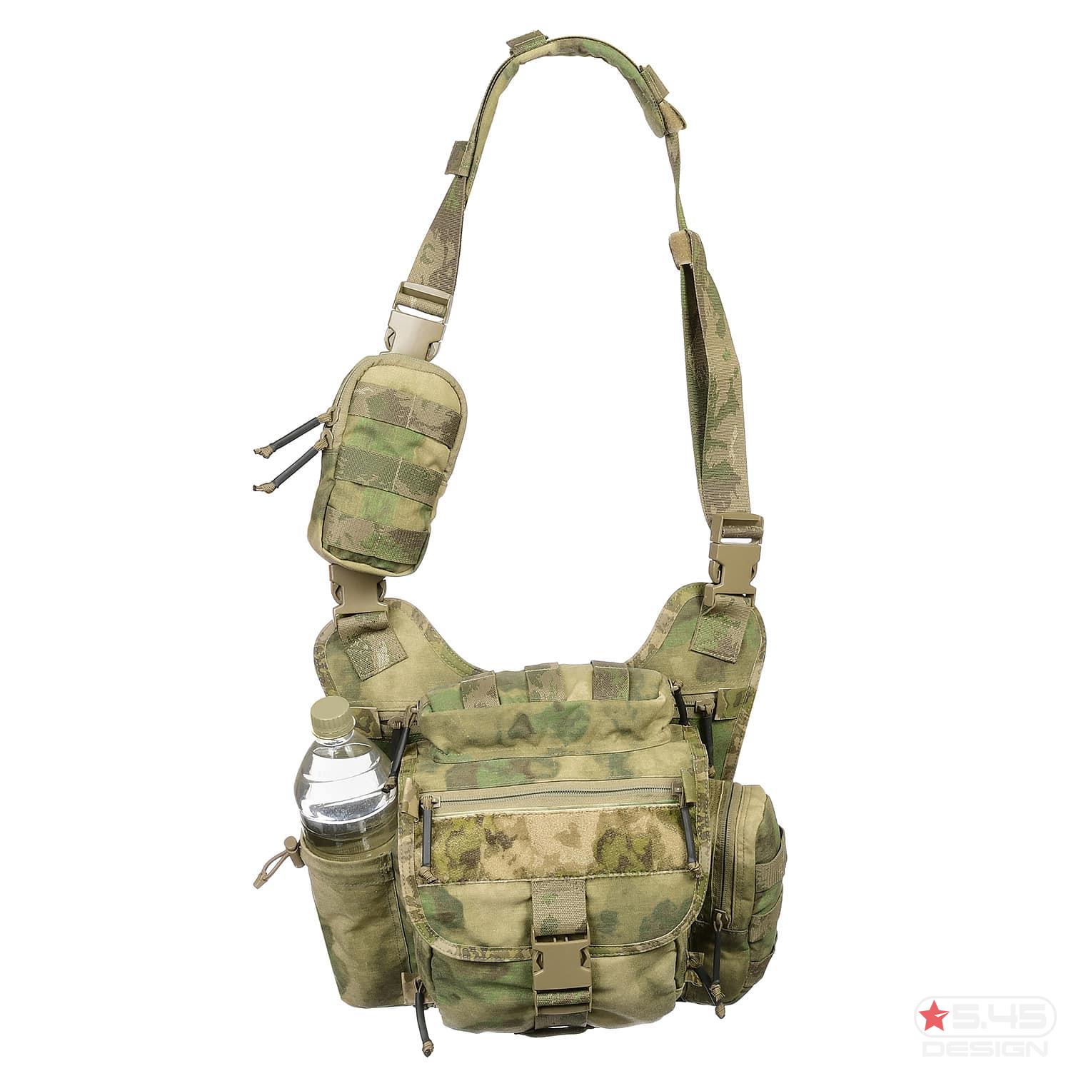 The strap construction allows the bag to be worn in several different ways.